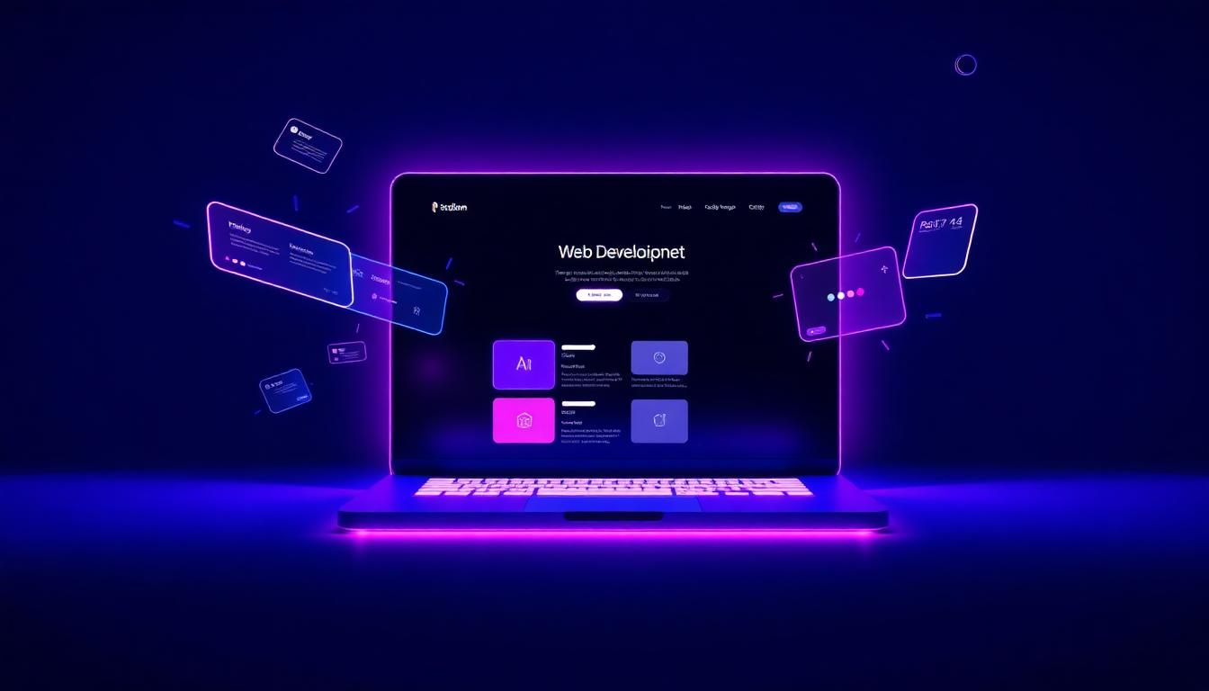 Modern laptop with glowing website interface representing web development services